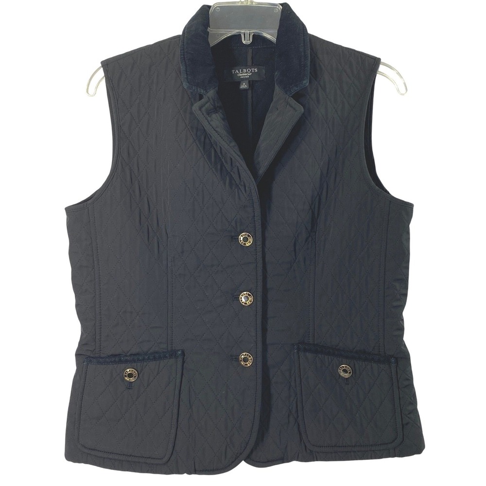 Talbots Quilted Vest Women Small Petite Black Button Up Layering Gorpcore Preppy